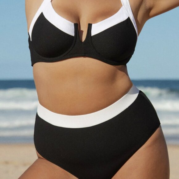 Berlook Black Contrast Trim Plus Size Bikini Top and Bottom - Picture 1 of 14
